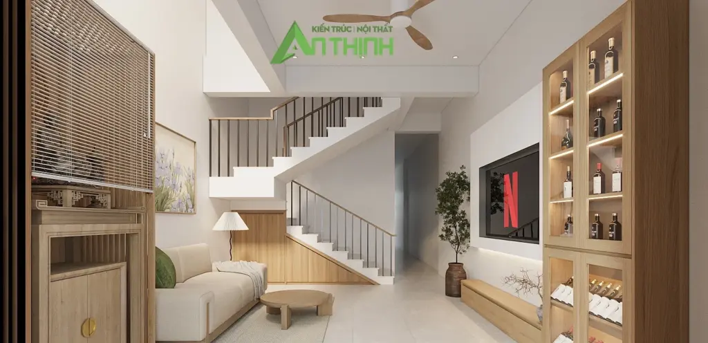 Phối cảnh 3D – tủ rượu gỗ kịch trần có đèn LED cạnh vách tivi
