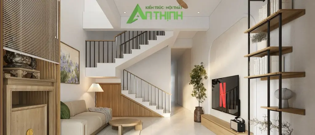Phối cảnh 3D – vách lam gỗ, kệ tivi thấp, kệ khung sắt và cầu thang