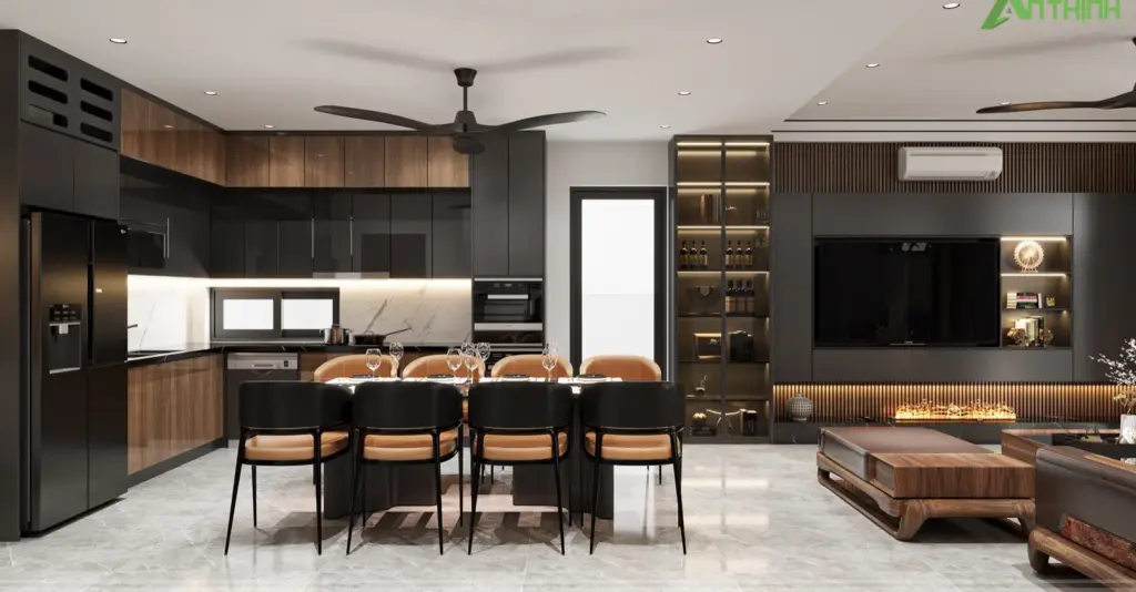 Phối cảnh 3D – bếp chữ L đen phối gỗ, bàn ăn đá đen 8 ghế