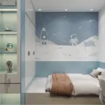Phối cảnh 3D – phòng bé trai tường vẽ phi hành gia, giường bệt, bàn học