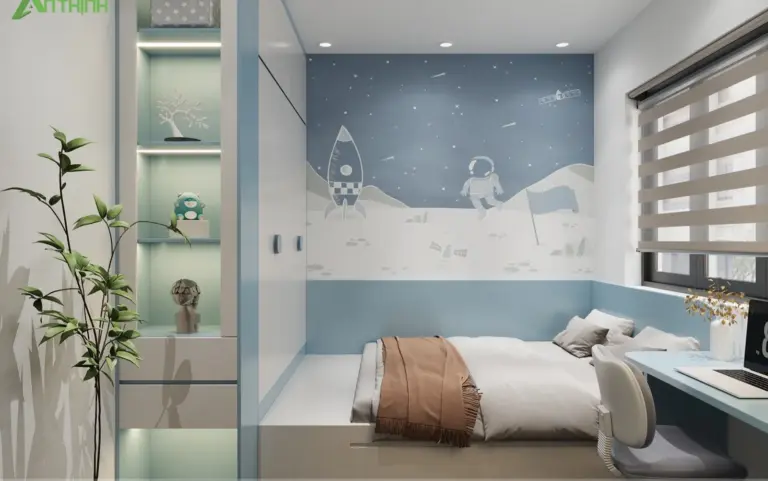 Phối cảnh 3D – phòng bé trai tường vẽ phi hành gia, giường bệt, bàn học