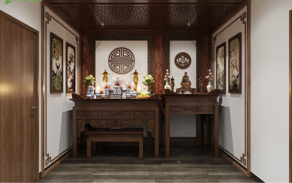 Phối cảnh 3D – phòng thờ hai bàn thờ gỗ chạm, vách hậu hoa văn, trần gỗ