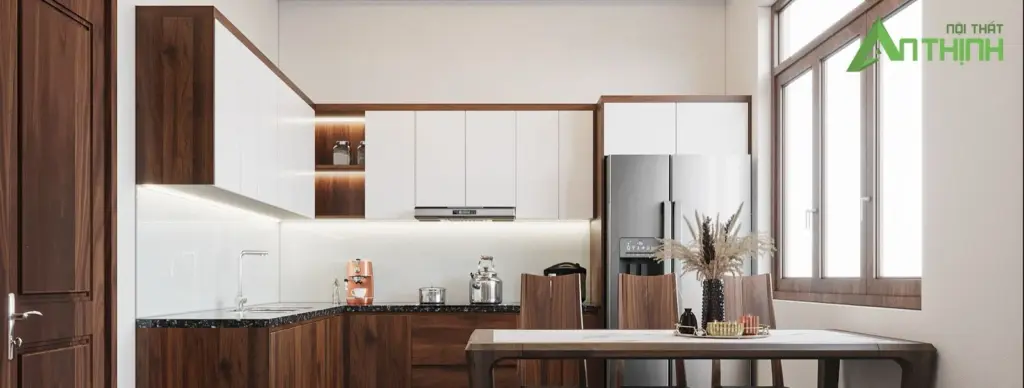 Phối cảnh 3D – bếp chữ L tủ dưới vân gỗ tối, tủ trên trắng, bàn ăn gỗ mặt đá
