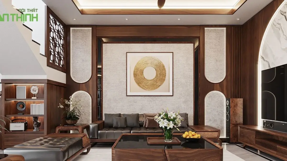 Thiết kế nội thất nhà anh Khánh – Thụy Hà, Đông Anh: gỗ tối ấm, phòng thờ liền phòng khách