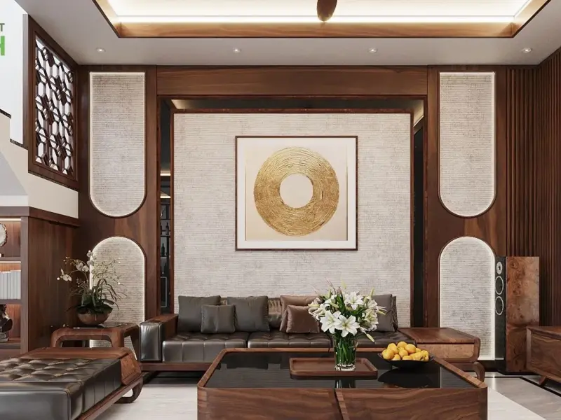 Thiết kế nội thất nhà anh Khánh – Thụy Hà, Đông Anh: gỗ tối ấm, phòng thờ liền phòng khách