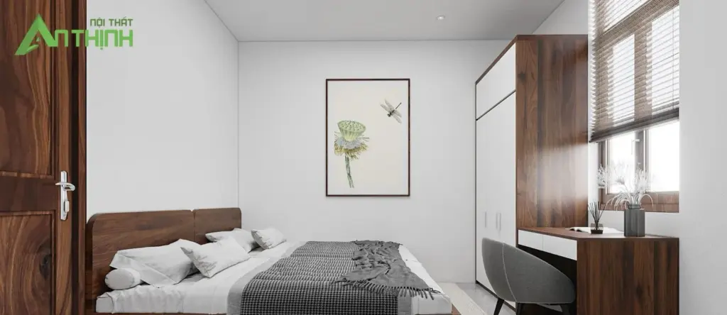 Phối cảnh 3D – phòng ngủ giường gỗ thấp, tủ áo cánh trắng và bàn làm việc liền tủ