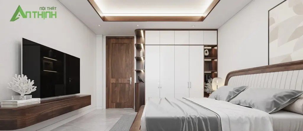 Phối cảnh 3D – phòng ngủ lớn, giường đầu bọc nệm, tủ áo trắng kịch trần