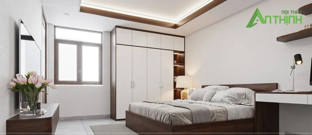 Phối cảnh 3D – phòng ngủ tủ áo trắng kịch trần, bàn học gắn tường