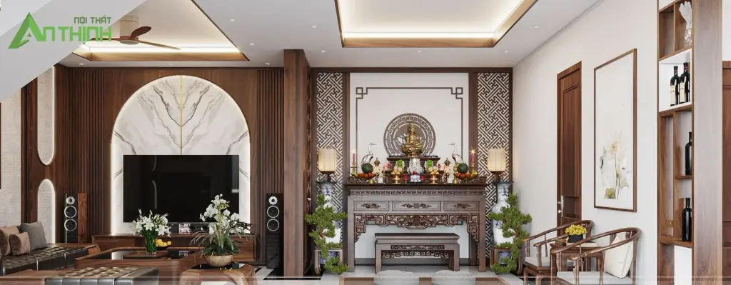 Phối cảnh 3D – phòng thờ với ban thờ gỗ và hai vách song gỗ hoa văn
