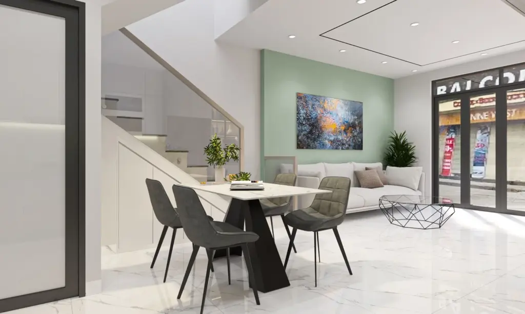 Phối cảnh 3D – bàn ăn bốn ghế cạnh cầu thang, tường xanh lá nhạt