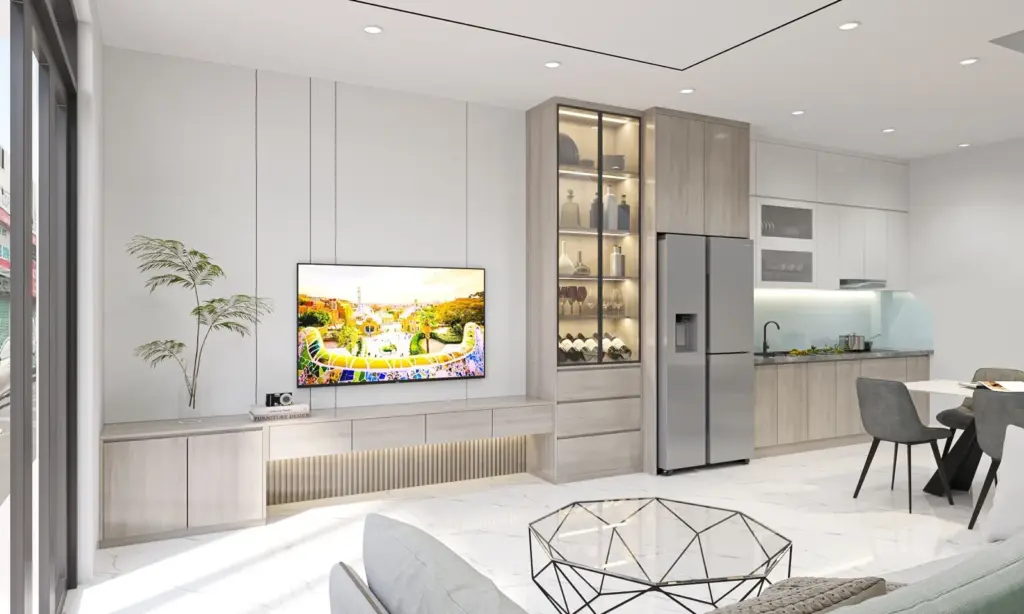 Phối cảnh 3D – phòng khách liền bếp, kệ tivi lam gỗ, tủ rượu cánh kính có đèn