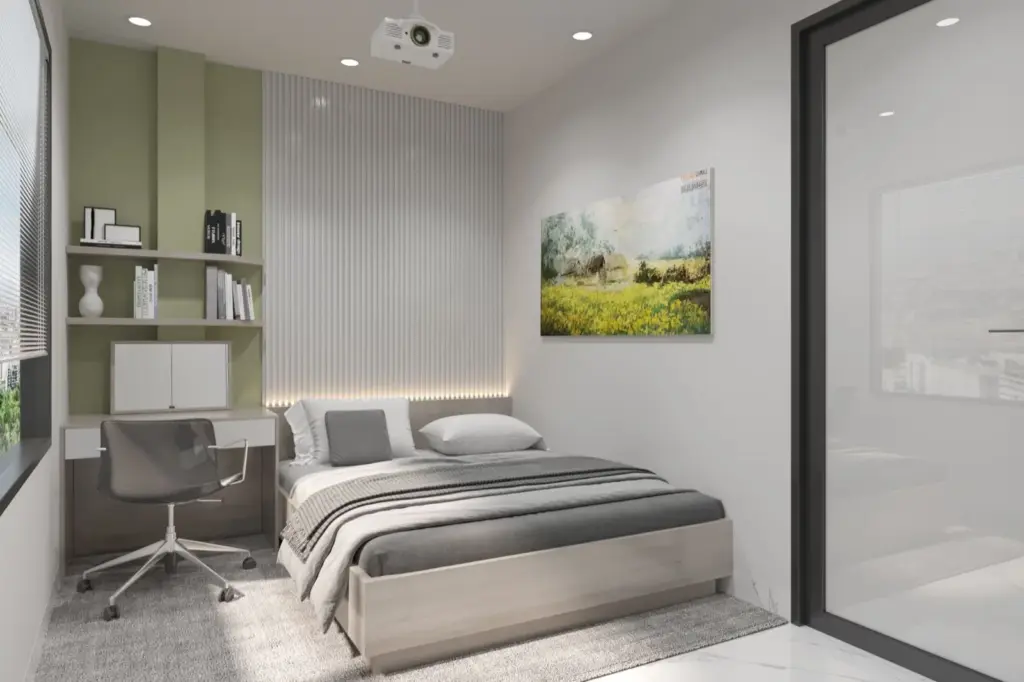 Phối cảnh 3D – phòng ngủ tường xanh lá nhạt, đầu giường lam trắng, bàn học