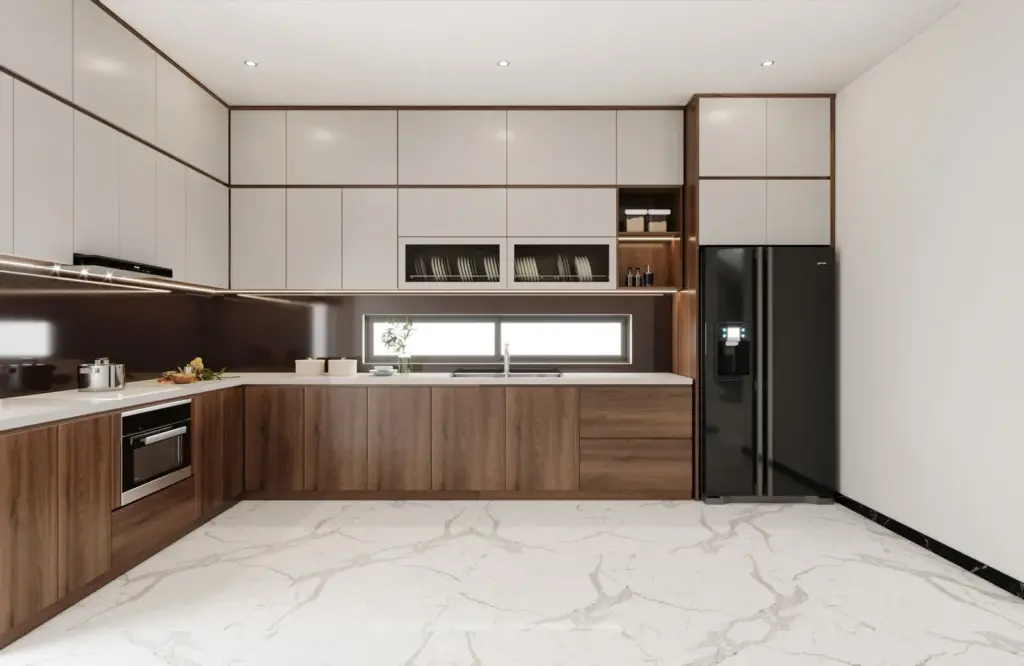 Phối cảnh 3D – bếp chữ L tủ trên trắng, tủ dưới vân gỗ trầm