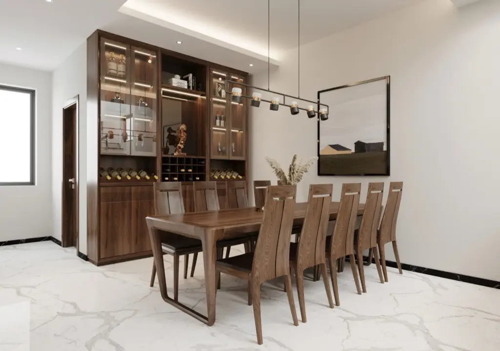Phối cảnh 3D – phòng ăn bàn gỗ 8 ghế tựa cao, tủ rượu và tủ trưng bày kịch trần có LED