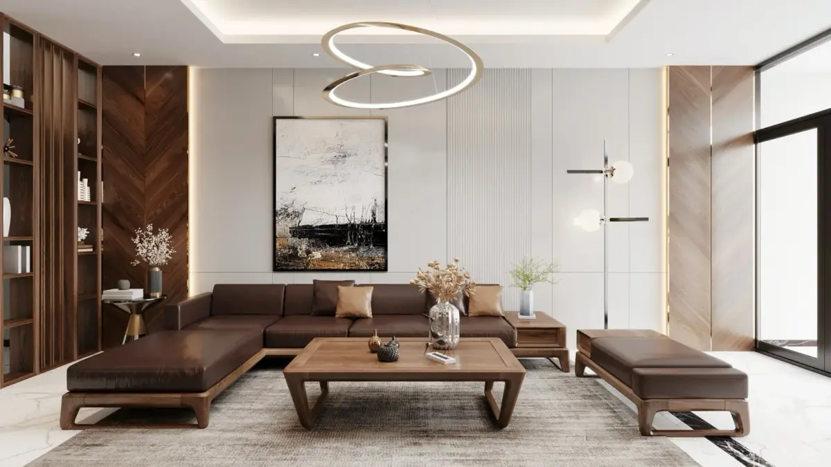 Phối cảnh 3D – phòng khách sofa góc khung gỗ đệm da, bàn trà và đôn gỗ, vách lát gỗ