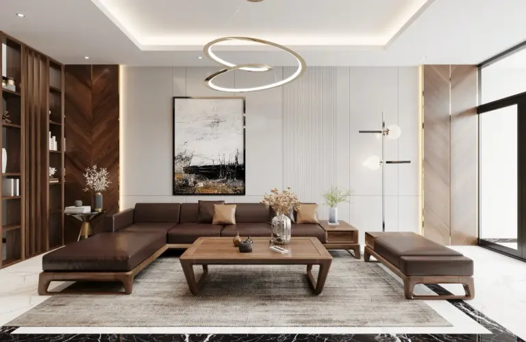 Phối cảnh 3D – phòng khách sofa góc khung gỗ đệm da, bàn trà và đôn gỗ, vách lát gỗ