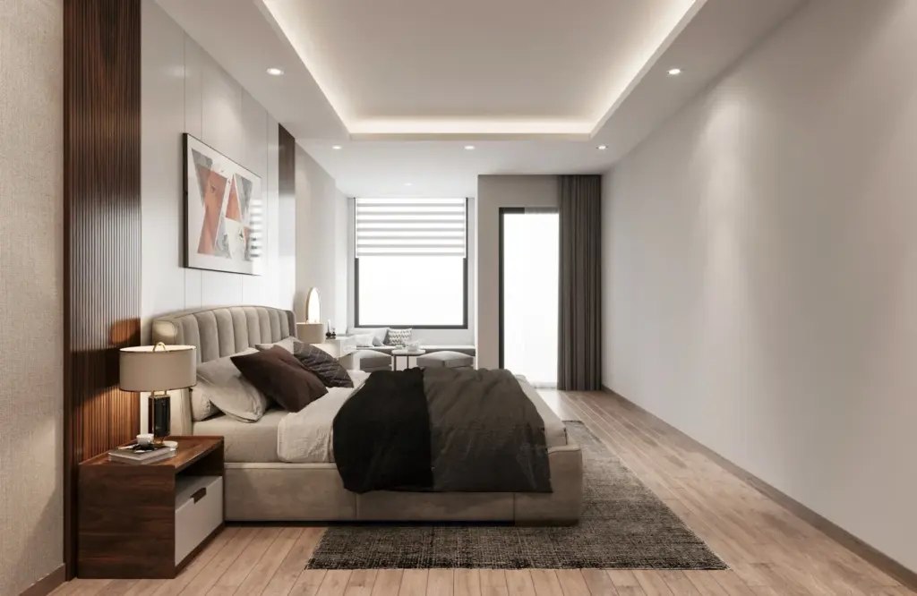 Phối cảnh 3D – phòng ngủ bố mẹ tông xám – gỗ, đầu giường bọc nệm