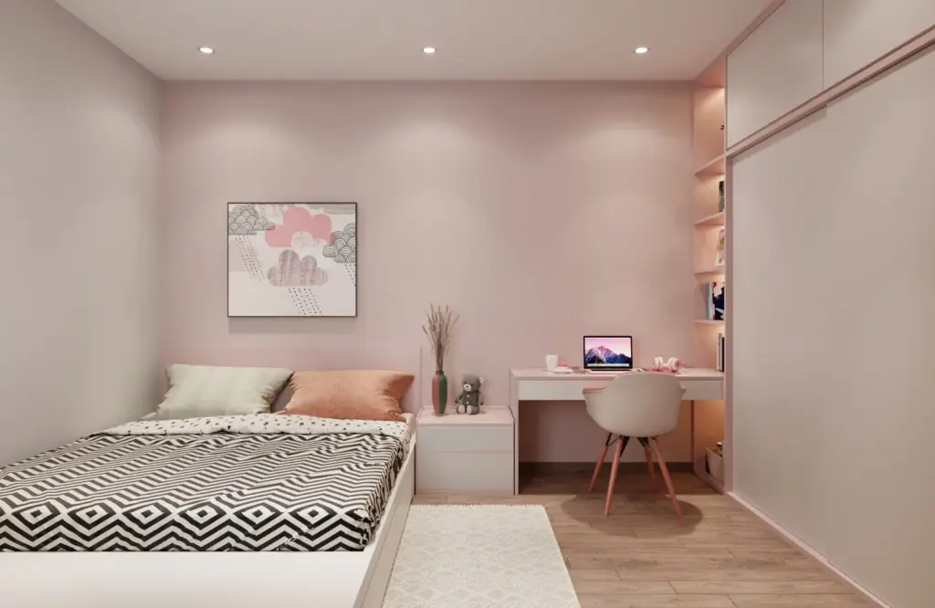 Phối cảnh 3D – phòng ngủ con gái tông hồng phấn, giường bục, bàn học
