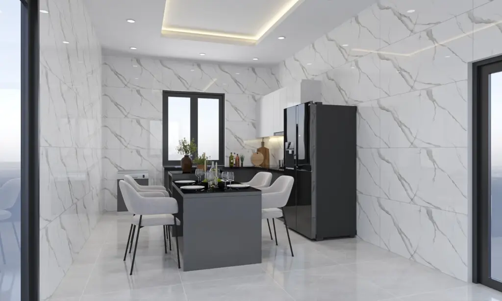 Phối cảnh 3D – bếp đen trắng, tường đá vân, bàn ăn mặt đen ghế bọc nệm