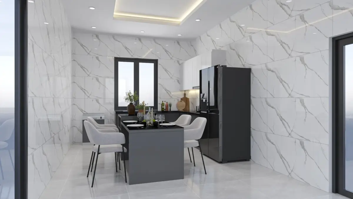 Phối cảnh 3D – bếp đen trắng, tường đá vân, bàn ăn mặt đen ghế bọc nệm