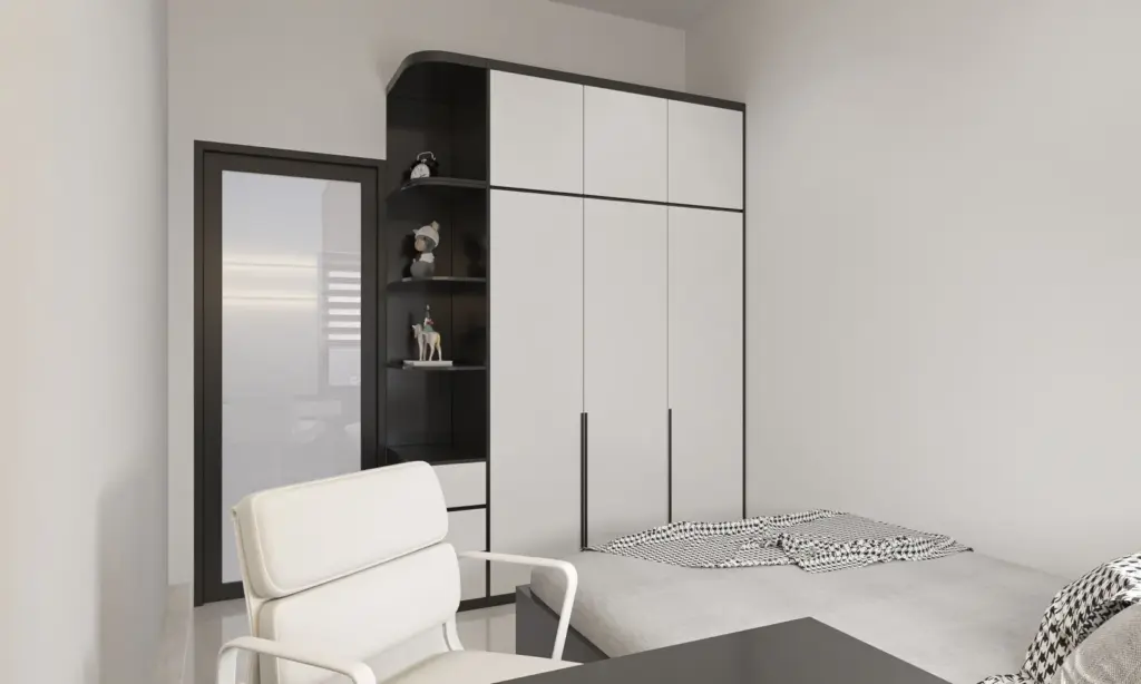 Phối cảnh 3D – tủ quần áo cánh trắng, khung và hốc kệ đen