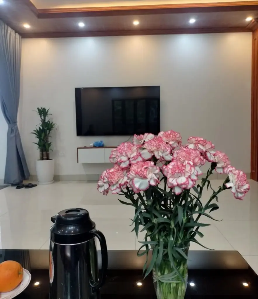 Ảnh thực tế – phòng khách kệ tivi treo trắng, sàn đá bóng