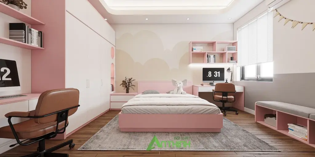 Phối cảnh 3D – phòng bé gái tông hồng, giường hộp, bàn học sát cửa sổ, tủ áo trắng kịch trần