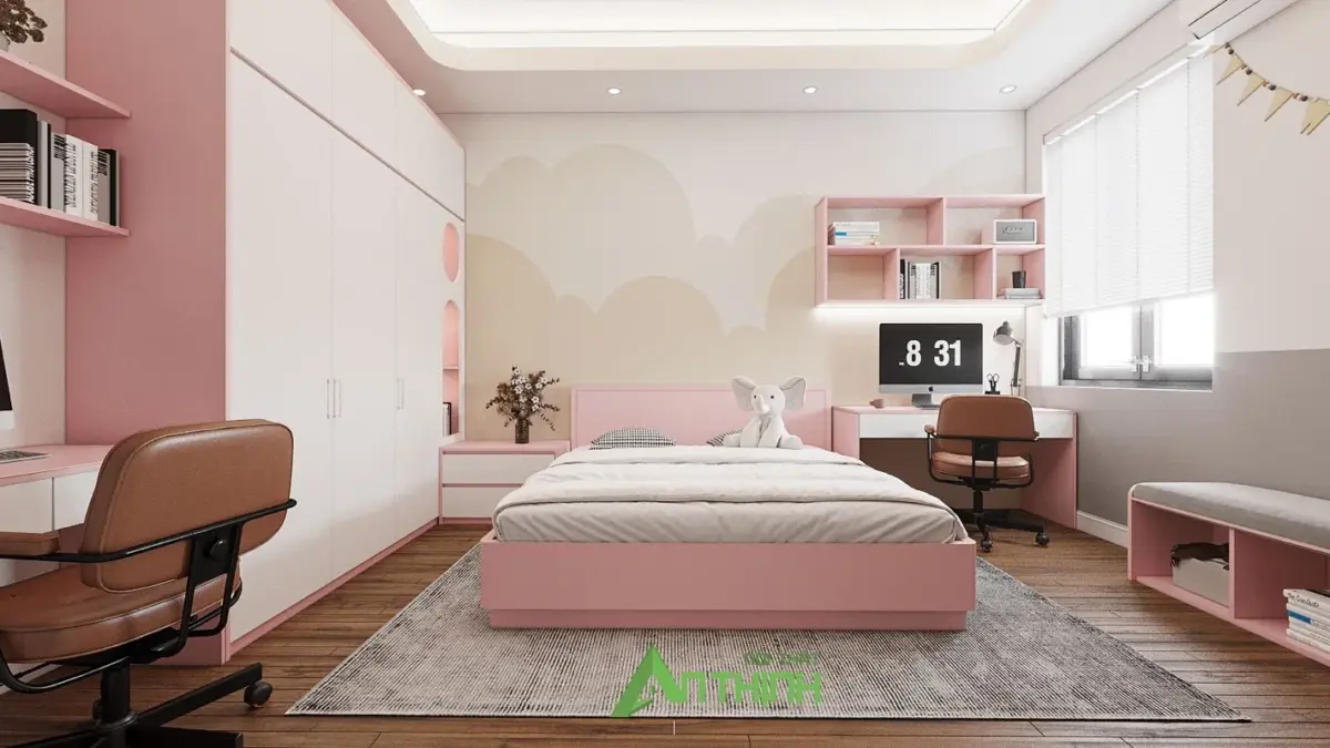 Phối cảnh 3D – phòng bé gái tông hồng, giường hộp, bàn học sát cửa sổ, tủ áo trắng kịch trần