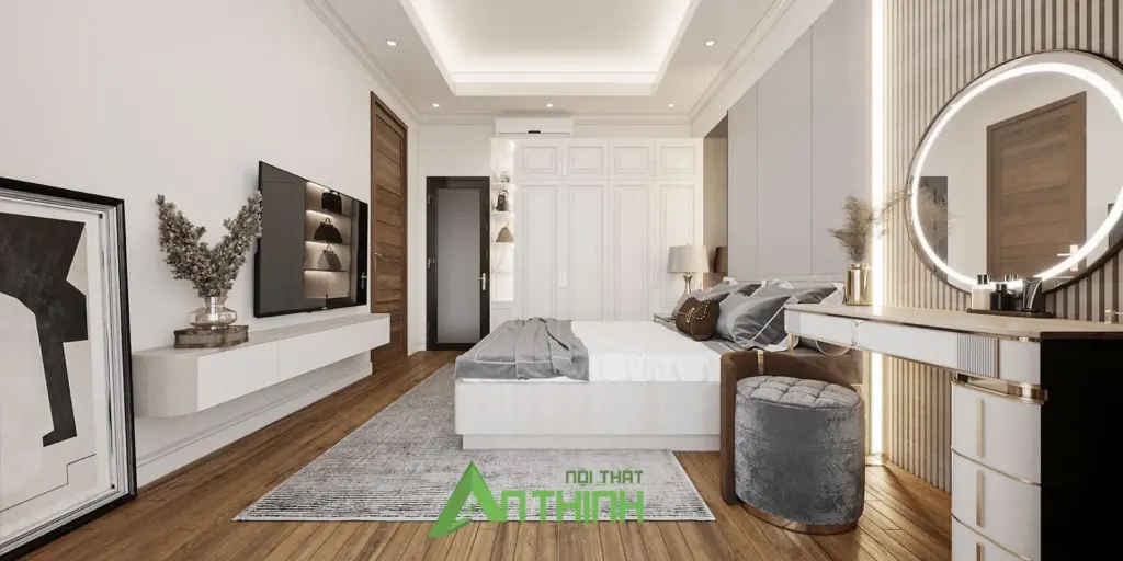 Phối cảnh 3D – phòng ngủ lớn, tủ áo trắng cánh chỉ, bàn trang điểm gương tròn