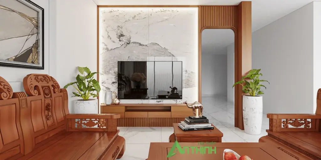 Phối cảnh 3D – phòng khách vách tivi đá vân, lam gỗ, kệ tivi treo