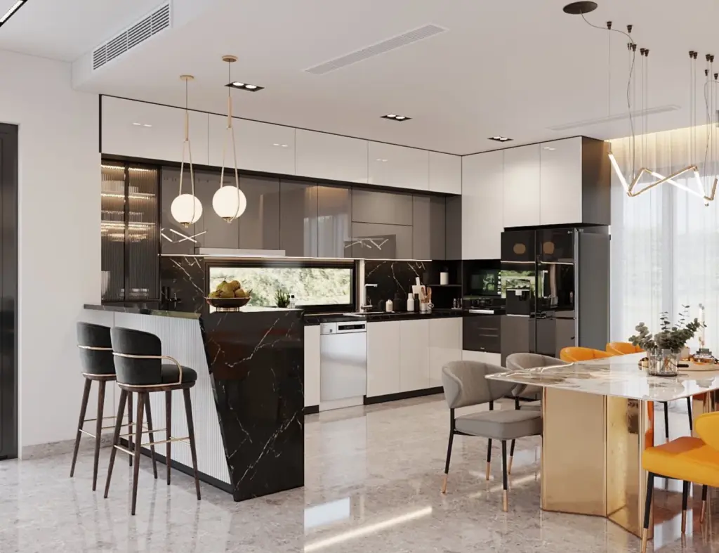 Phối cảnh 3D – bếp đảo ốp đá đen vân trắng, tủ trên trắng bóng, ghế bar bọc da