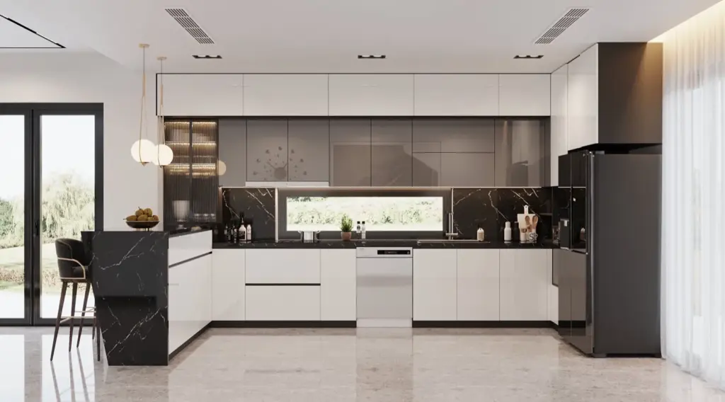 Phối cảnh 3D – khu bếp góc nhìn khác, tủ lạnh và lò âm tủ