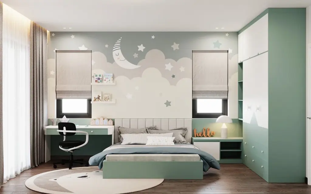 Phối cảnh 3D – phòng bé xanh mint, giấy dán tường trăng sao, giường thấp