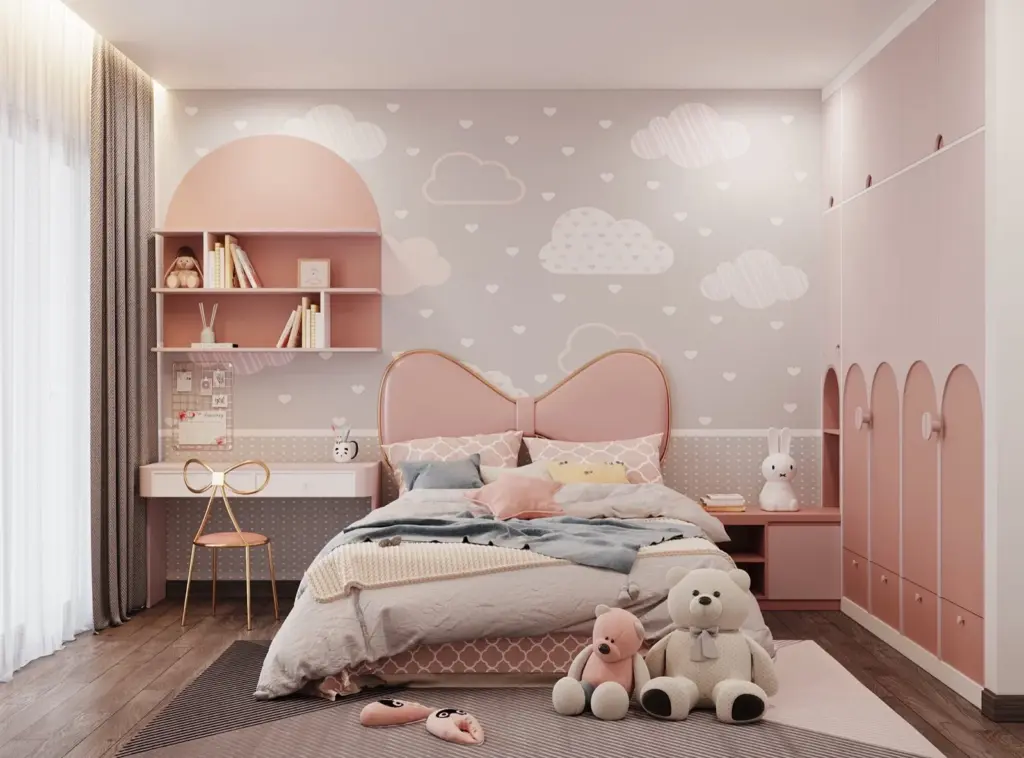Phối cảnh 3D – phòng con gái hồng phấn, đầu giường nơ, tường mây, tủ cánh vòm