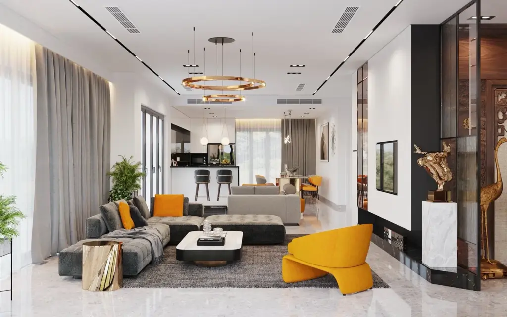 Phối cảnh 3D – phòng khách sofa góc xám, ghế thư giãn vàng nghệ, đèn chùm vòng đồng