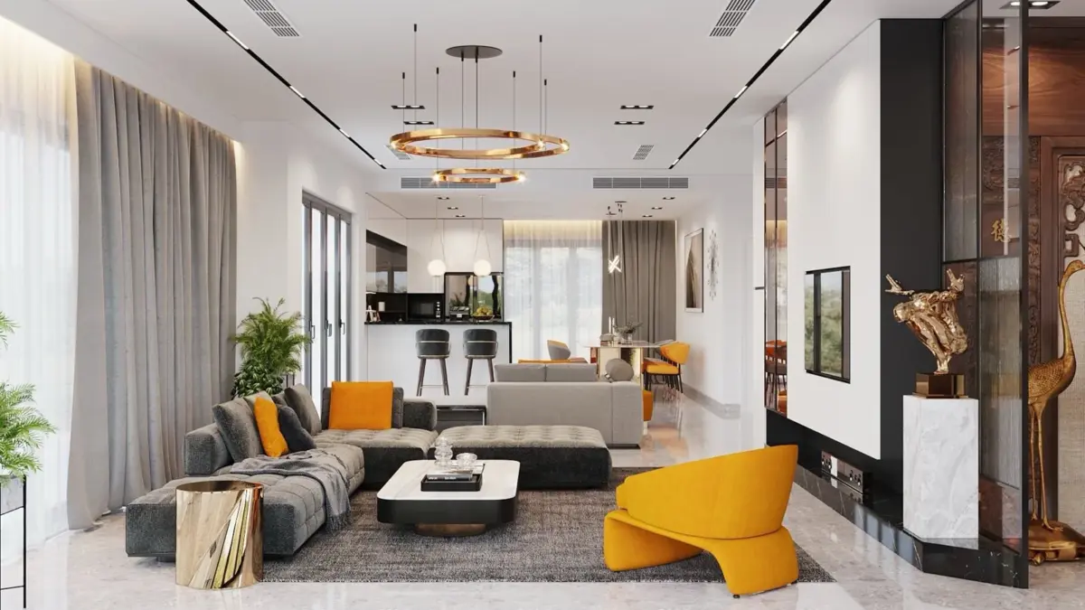 Phối cảnh 3D – phòng khách sofa góc xám, ghế thư giãn vàng nghệ, đèn chùm vòng đồng