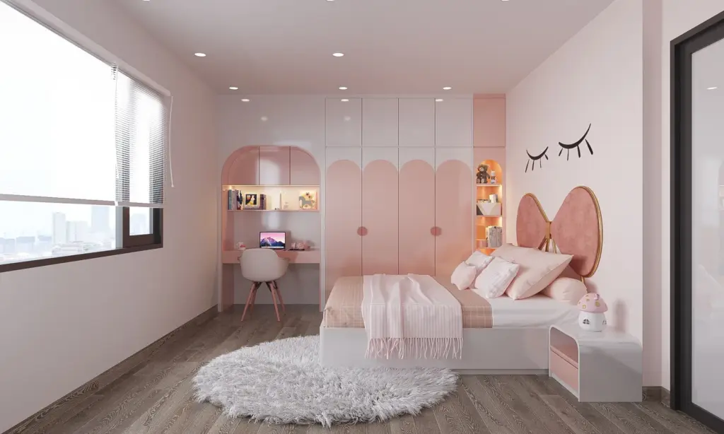 Phối cảnh 3D – phòng con gái tông hồng, đầu giường bo cong, tủ vòm
