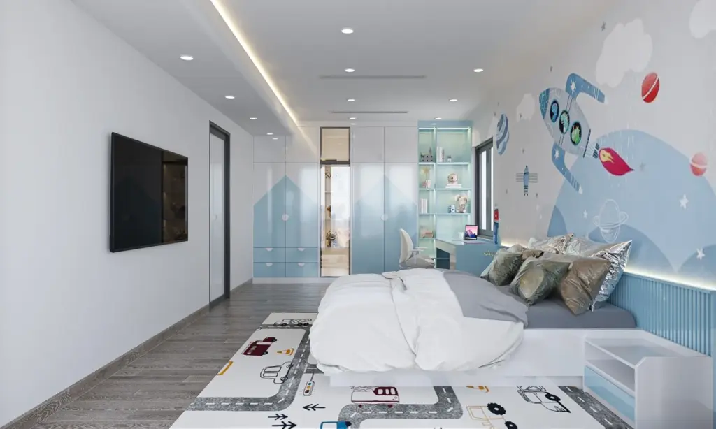 Phối cảnh 3D – phòng con trai tông xanh, tranh tường máy bay