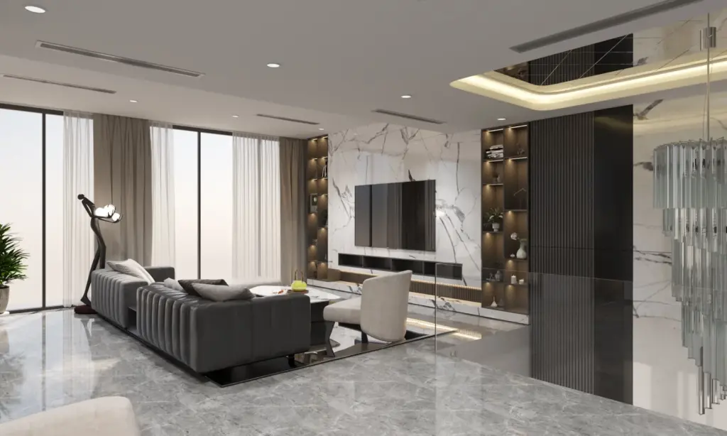 Phối cảnh 3D – phòng khách vách tivi đá vân mây, kệ trưng bày LED, sofa nỉ xám, đèn chùm pha lê thông tầng