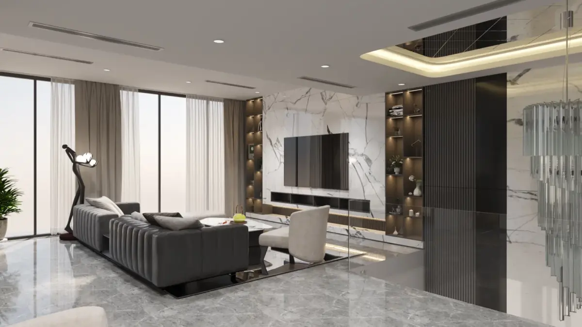 Phối cảnh 3D – phòng khách vách tivi đá vân mây, kệ trưng bày LED, sofa nỉ xám, đèn chùm pha lê thông tầng