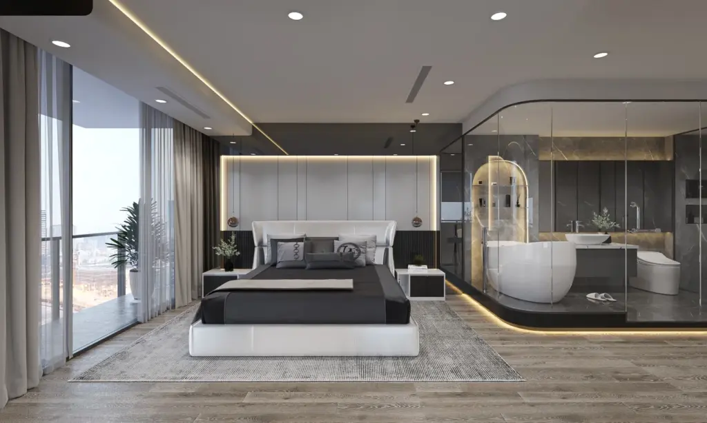 Phối cảnh 3D – phòng master giường bọc nệm, bồn tắm sau vách kính