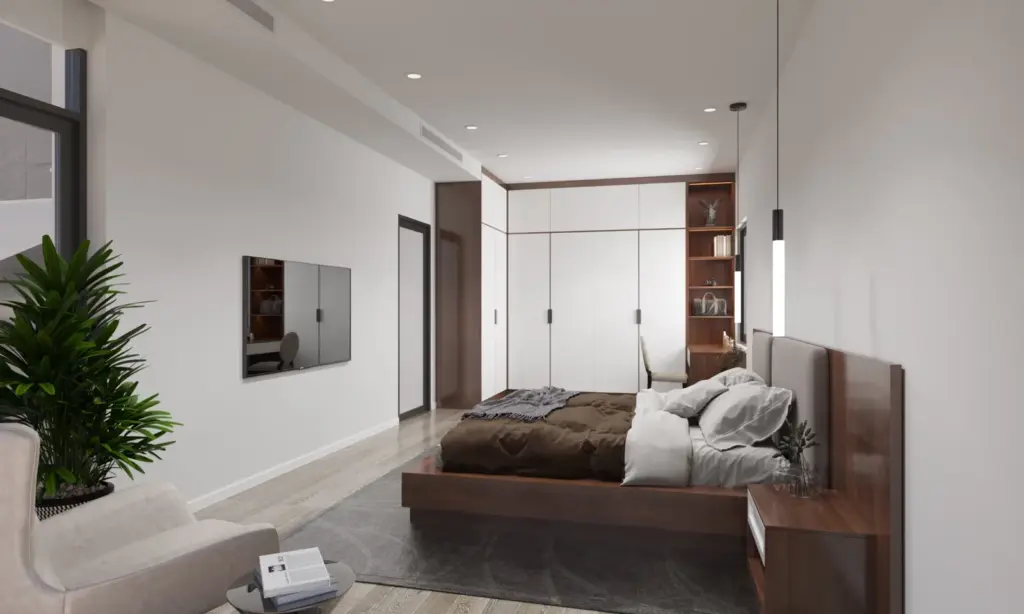 Phối cảnh 3D – phòng ngủ ông bà tầng 2, gỗ tông trầm, giường thấp