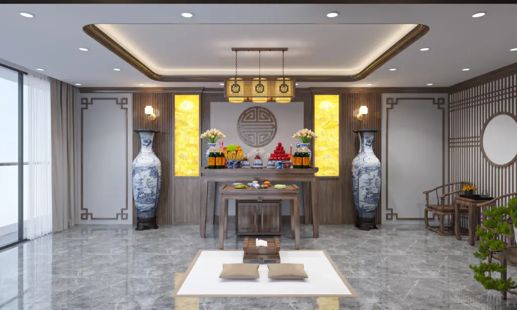 Phối cảnh 3D – phòng thờ tầng 4 bố trí đối xứng, lục bình hai bên