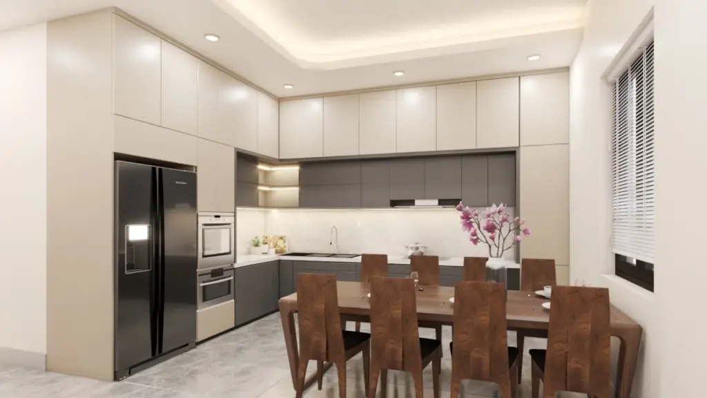 Phối cảnh 3D – bếp chữ L tủ trên trắng tủ dưới xám, bàn ăn gỗ 8 ghế