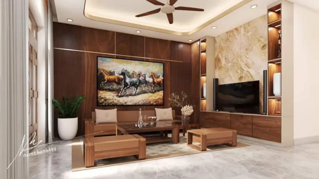 Phối cảnh 3D – phòng khách sofa gỗ, vách tivi đá vân và gỗ có đèn hắt