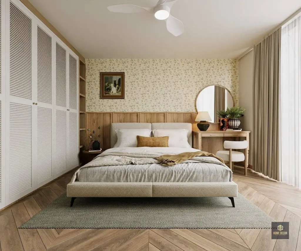 Phối cảnh 3D – phòng master vách đầu giường gỗ ốp lam, tủ áo trắng