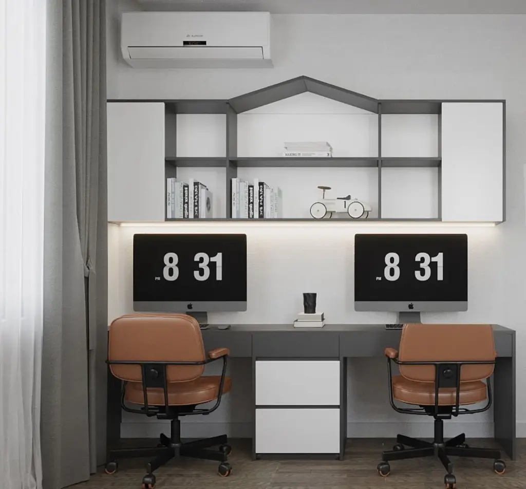 Phối cảnh 3D – bàn học đôi, kệ sách hình mái nhà tông xám trắng