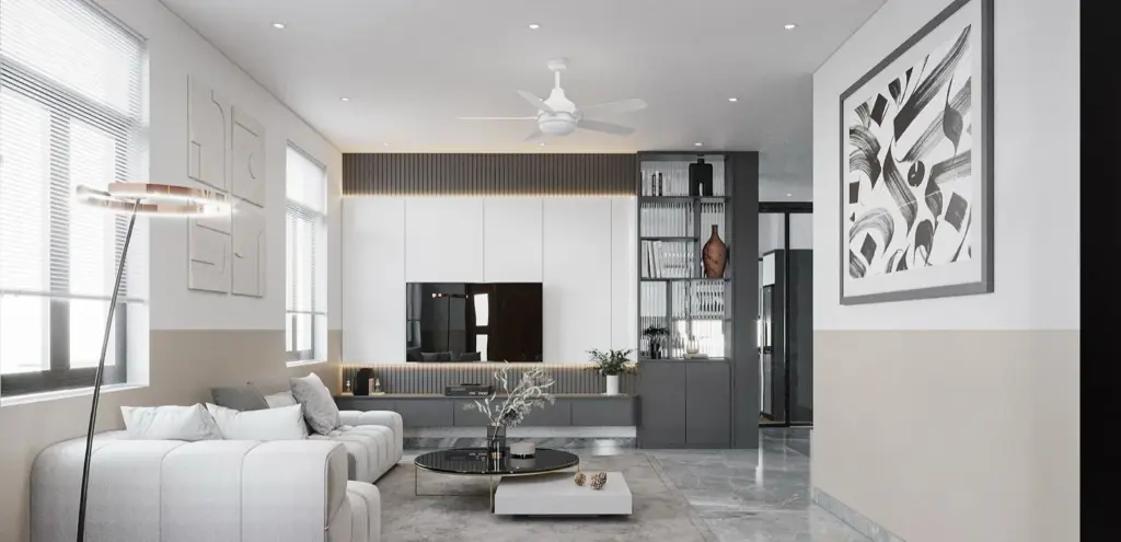 Phối cảnh 3D – phòng khách hiện đại, vách tủ trắng kịch trần, kệ trưng bày khung xám