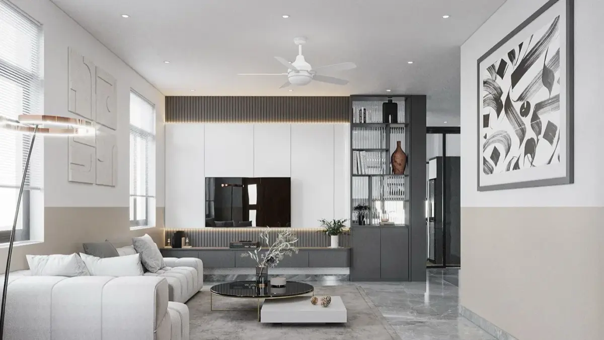 Thiết kế nội thất nhà phố chị Dương – Đan Tảo, Sóc Sơn: hiện đại tông trắng – xám
