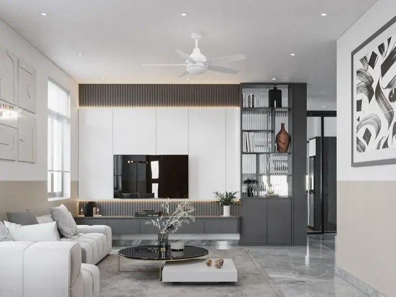 Thiết kế nội thất nhà phố chị Dương – Đan Tảo, Sóc Sơn: hiện đại tông trắng – xám